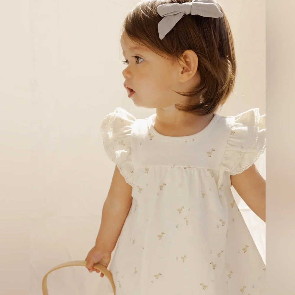 Quincy Mae Flutter dress ducks print lace baby girl beige neutral chicks ruffle